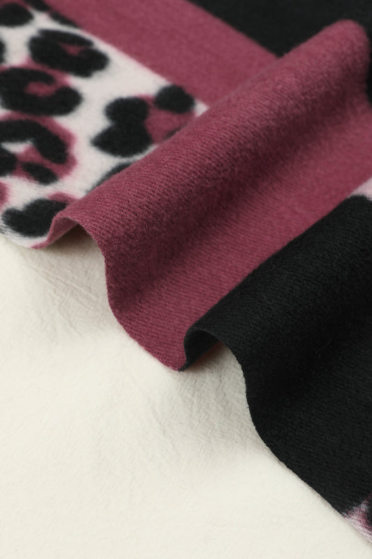 Rose Red Leopard Color Block Print Tassel Trim Terylene Scarf