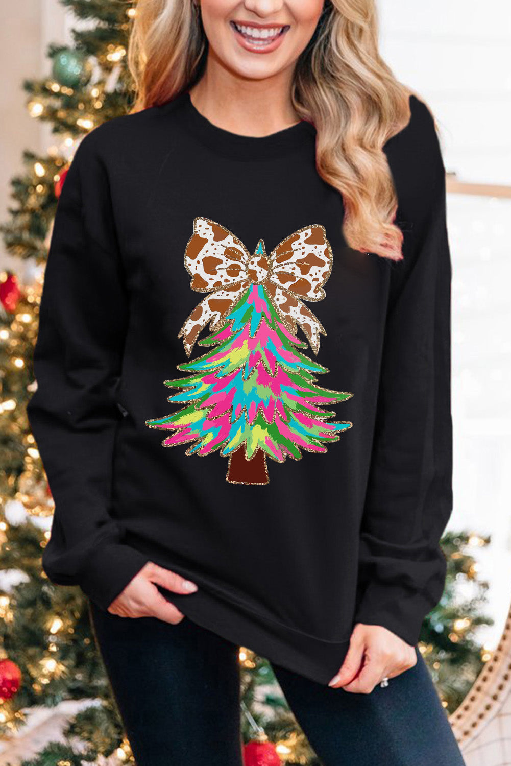 Black Shiny Bowknot Christmas Tree Graphic Heat Transfer Printing Round Neck Sweatshirt