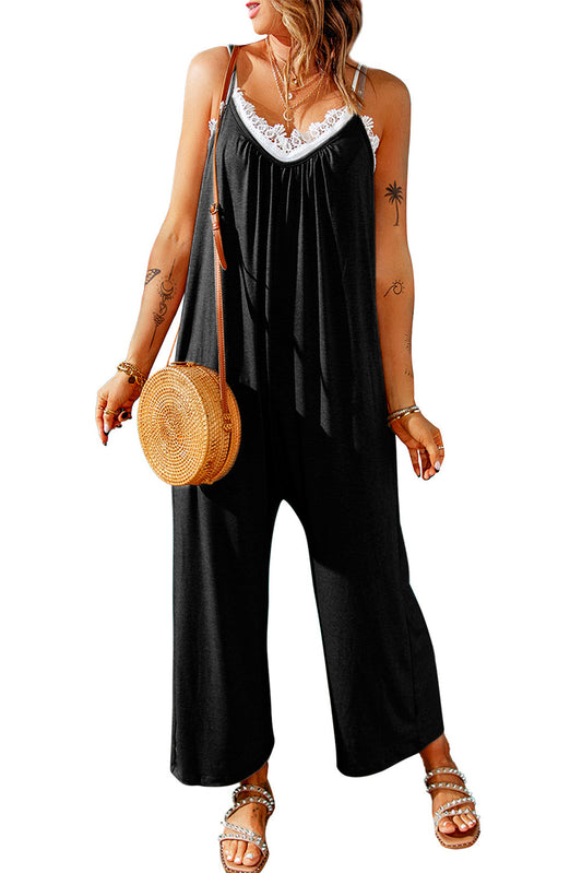 Black Casual Spaghetti Straps Wide Leg Pocketed Jumpsuits Shewin