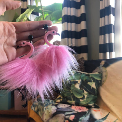 Pom Pom Fluff Pink Flamingo Earrings, Laser Cut Acrylic, Plastic Jewelry Quirks!