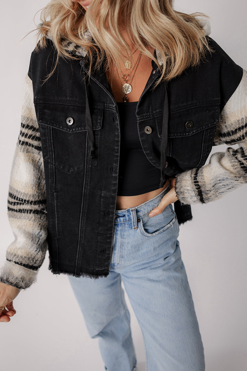 Black Patchwork Plaid Sleeve Frayed Hem Hooded Denim Jacket Shewin