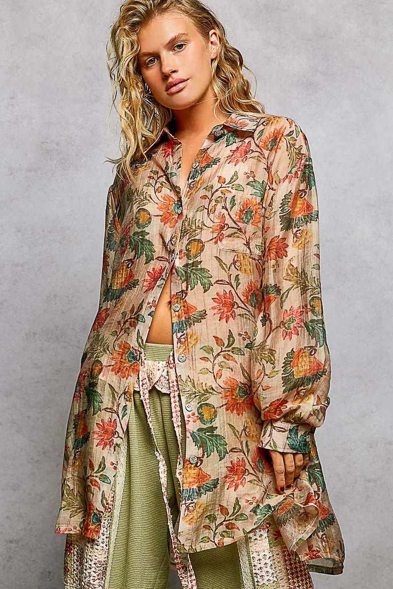 POL Metal Button Down Floral Long Sleeve Shirt - Creative Freedom Collective