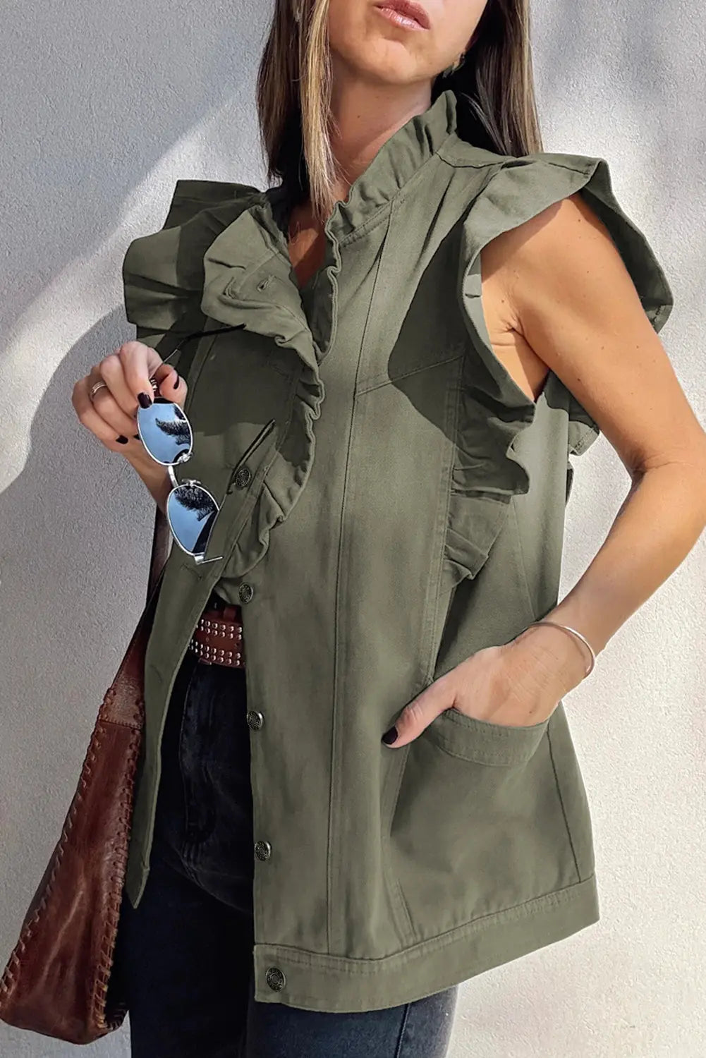 Green Bay Ruffle Plain Denim Jacket Vest Shewin