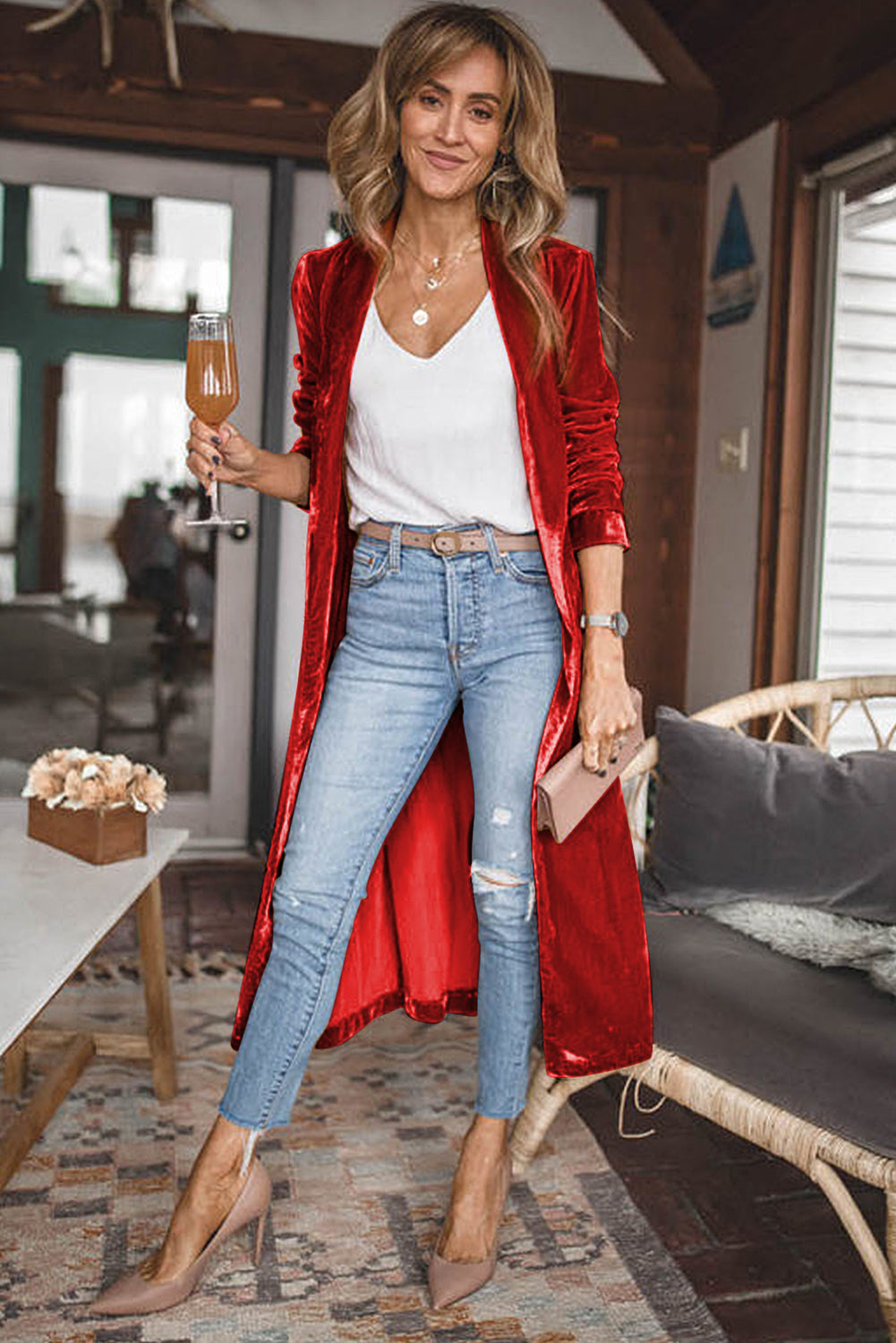 Red Velvet Elegant Open Front Pocket Long Cardigan Shewin