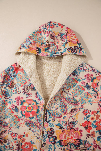Beige Vintage Paisley Floral Printed Sherpa Lined Hooded Jacket Shewin