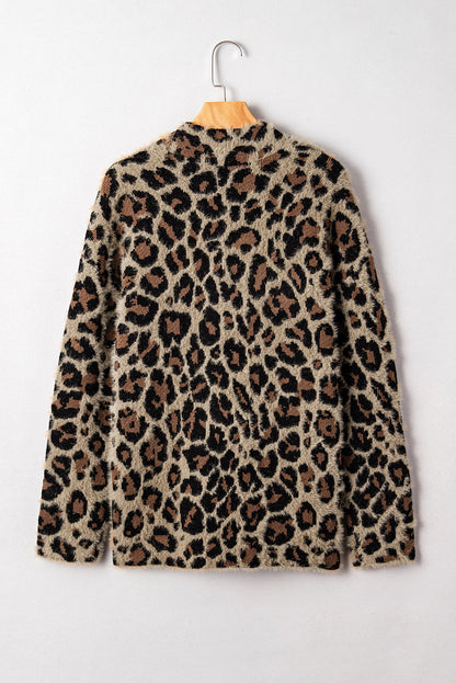 Brown Leopard Open Front Fuzzy Cardigan Shewin