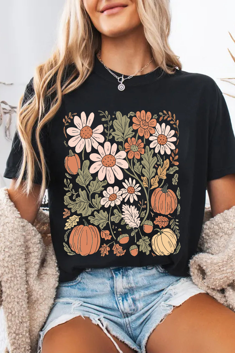 Black Wild Flower Pumpkin Print T Shirt Shewin