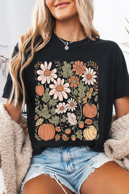 Black Wild Flower Pumpkin Print T Shirt Shewin