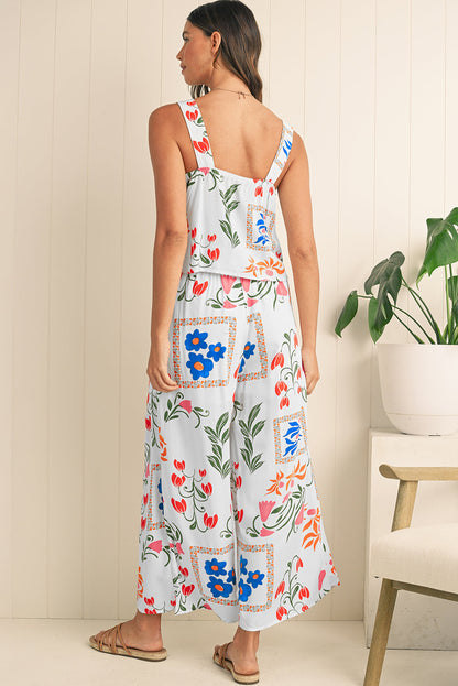 White Square Neck Tank & Wide Leg Pants Boho Floral Set Shewin