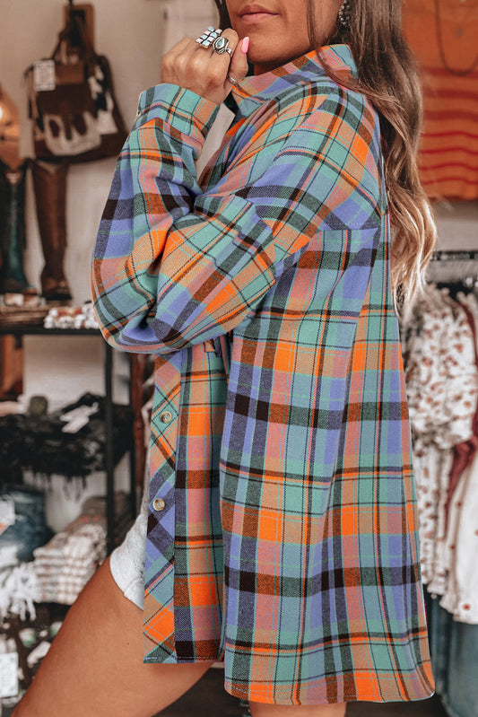 Orange Plaid Print Pocket Loose Shirt Shewin