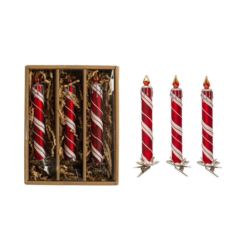 6"H Glass Candle Clip-on Ornaments w/ Glitter, Red & White, Set of 3 Quirks!