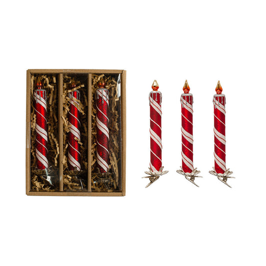 6"H Glass Candle Clip-on Ornaments w/ Glitter, Red & White, Set of 3 Quirks!