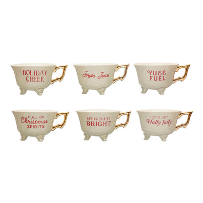 Set of 6 Sassy Holiday Footed Teacups w/ Gold Electroplating