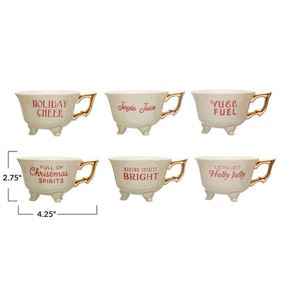 Set of 6 Sassy Holiday Footed Teacups w/ Gold Electroplating