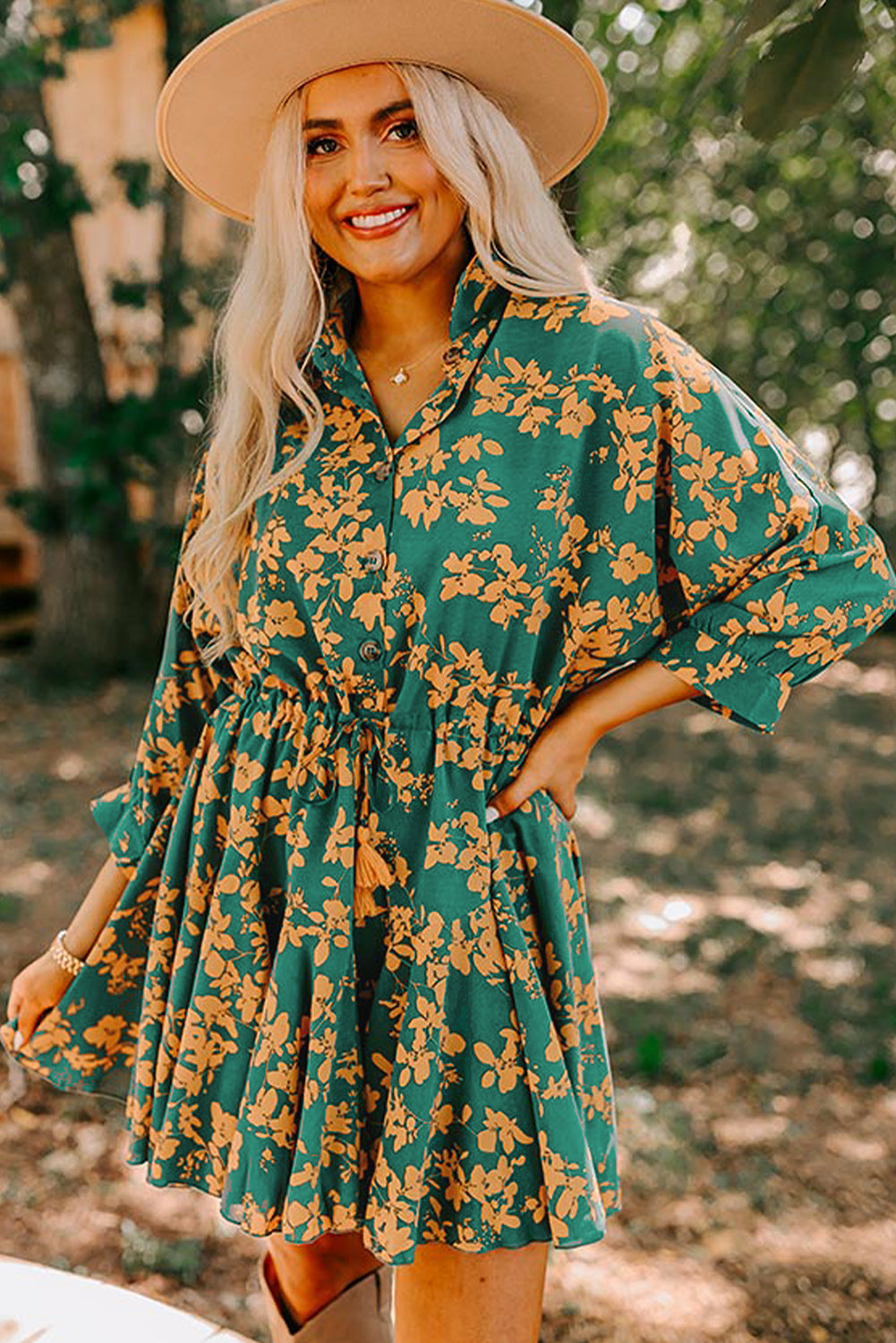 Green Floral Print Drawstring Flowy Short Dress Shewin