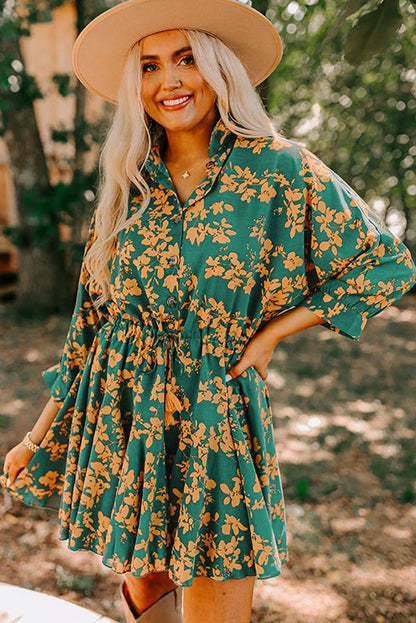 Green Floral Print Drawstring Flowy Short Dress Shewin