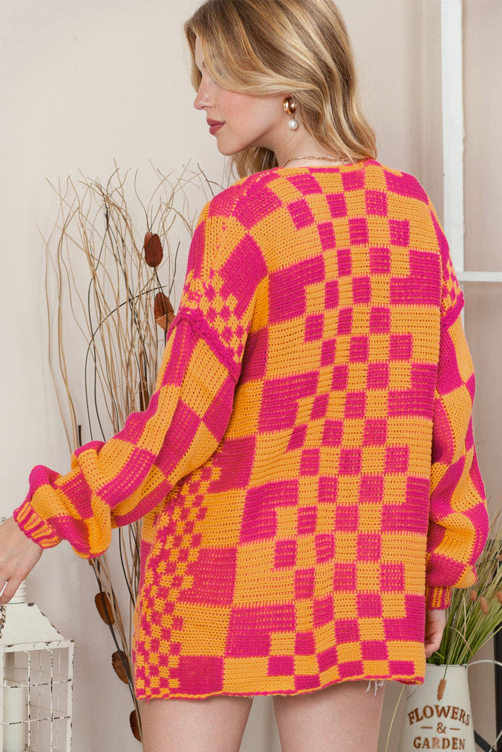 Dark Brown Colorblock Checked Loose Fit Open Front Knitted Cardigan Shewin