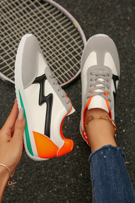 White PU Leather Color Block Patchwork Lace Up Sneakers Shewin