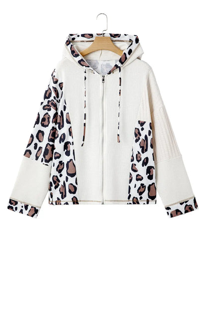 Apricot Leopard Mixed Texture Patchwork Zip Up Drop Shoulder Hoodie Shewin