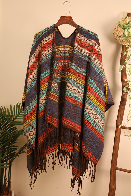 Light Blue Ethnic Print Tassel Trim Shawl Scarf Shewin