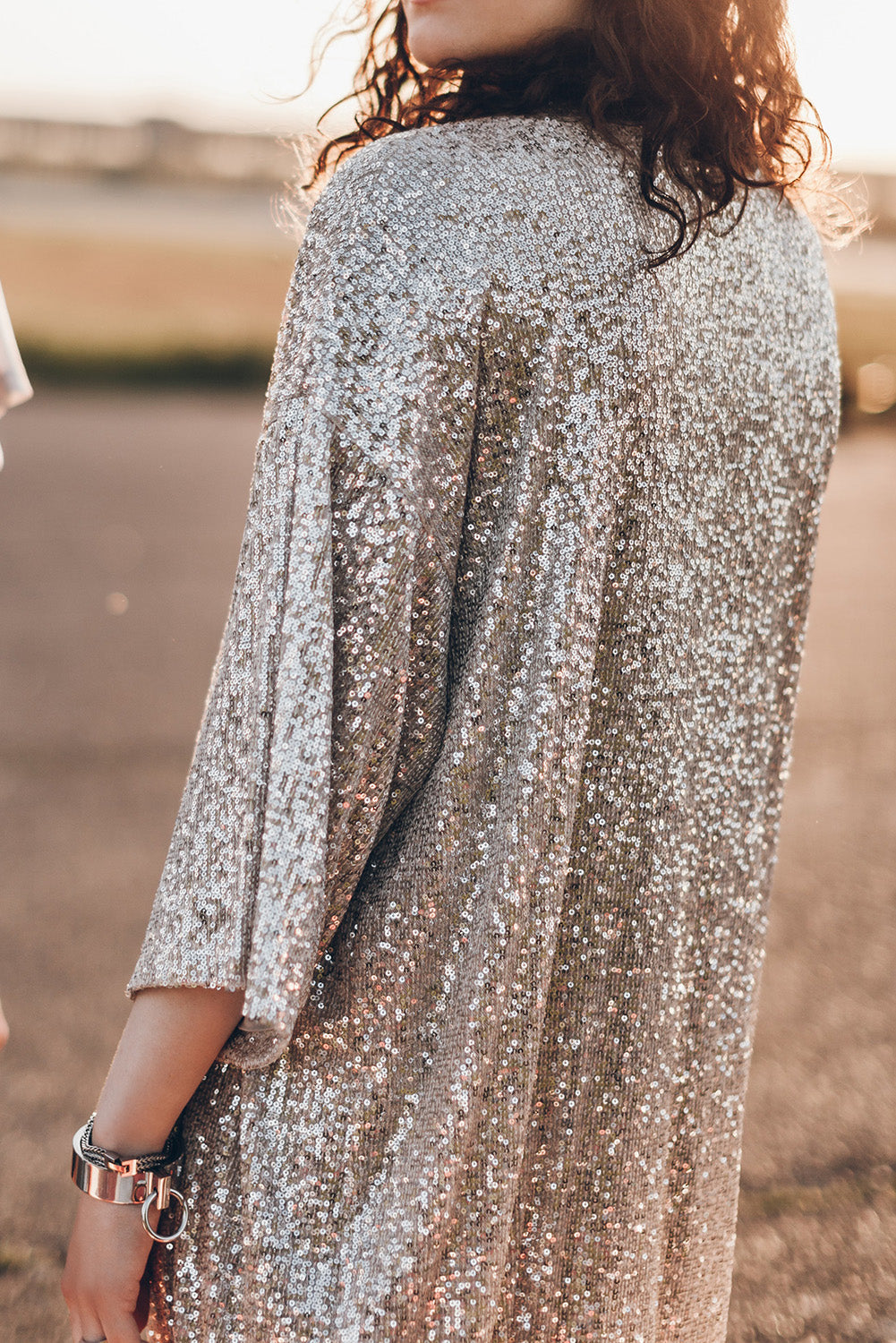 Apricot Sequin 3/4 Sleeve Open Front Duster Cardigan Shewin