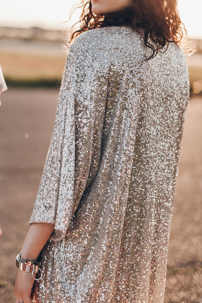 Apricot Sequin 3/4 Sleeve Open Front Duster Cardigan Shewin