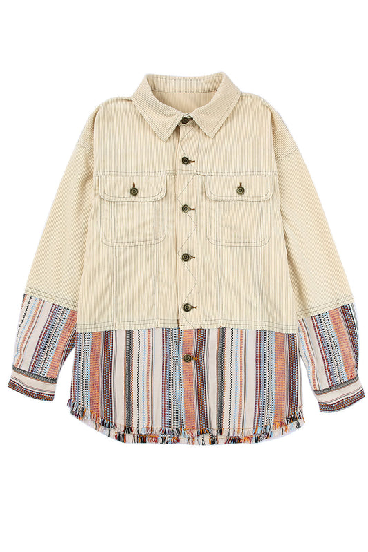 Beige Button Up Pockets Striped Color Block Corduroy Jacket Shewin