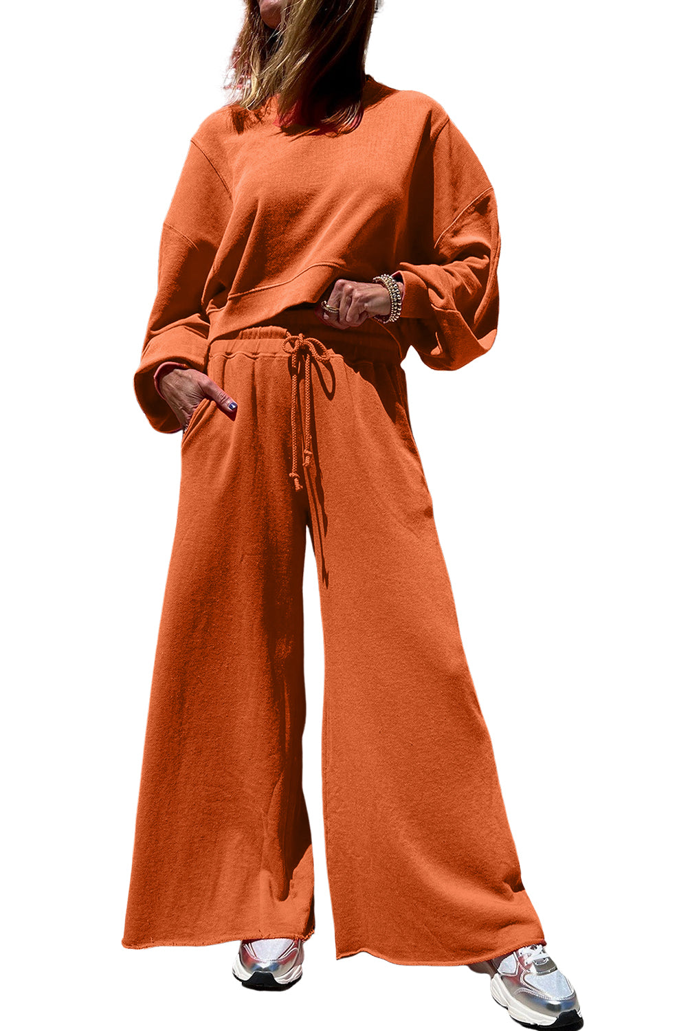 Flamingo Drop Shoulder Crop Pullover Drawstring Wide Leg Pants Set Shewin
