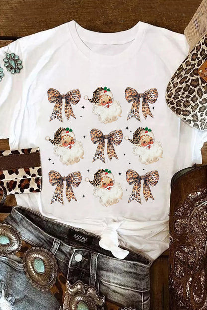 White Santa Claus Leopard Bow Heat Transfer Printing Crew Neck Graphic T Shirt