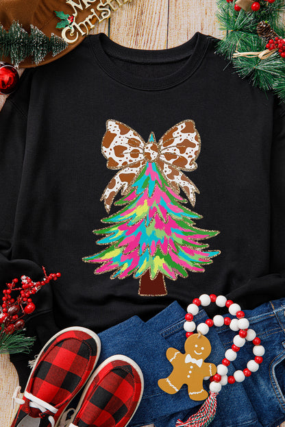 Black Shiny Bowknot Christmas Tree Graphic Heat Transfer Printing Round Neck Sweatshirt