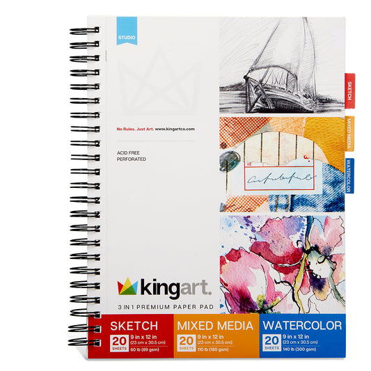 Sketch, Mixed Media & Watercolor Paper Combo - Side Spiral - 9” x 12” - 60 Sheets