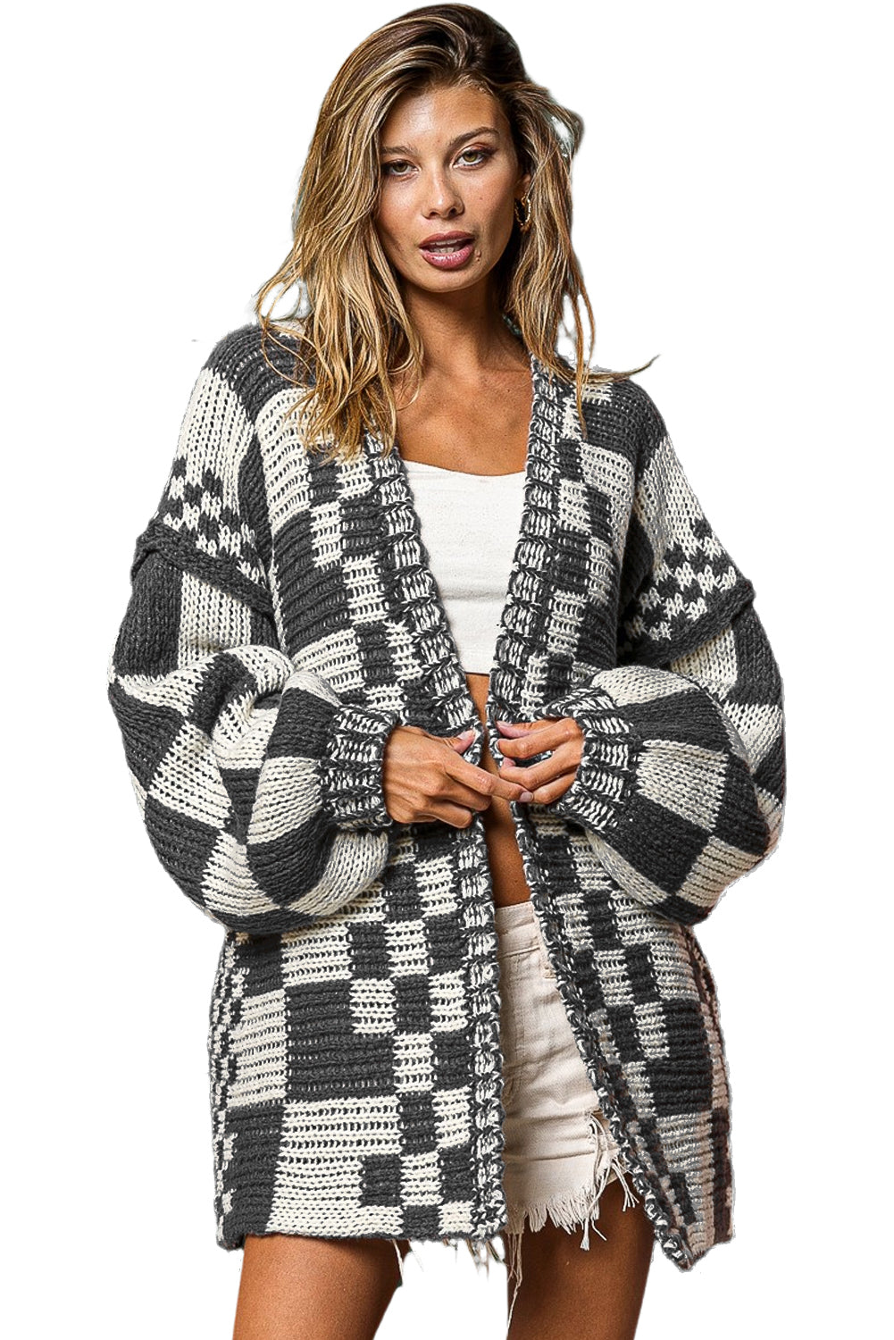 Dark Brown Colorblock Checked Loose Fit Open Front Knitted Cardigan Shewin
