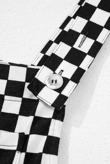 Black Checkered Print Pocketed Wide Leg Overall Shewin