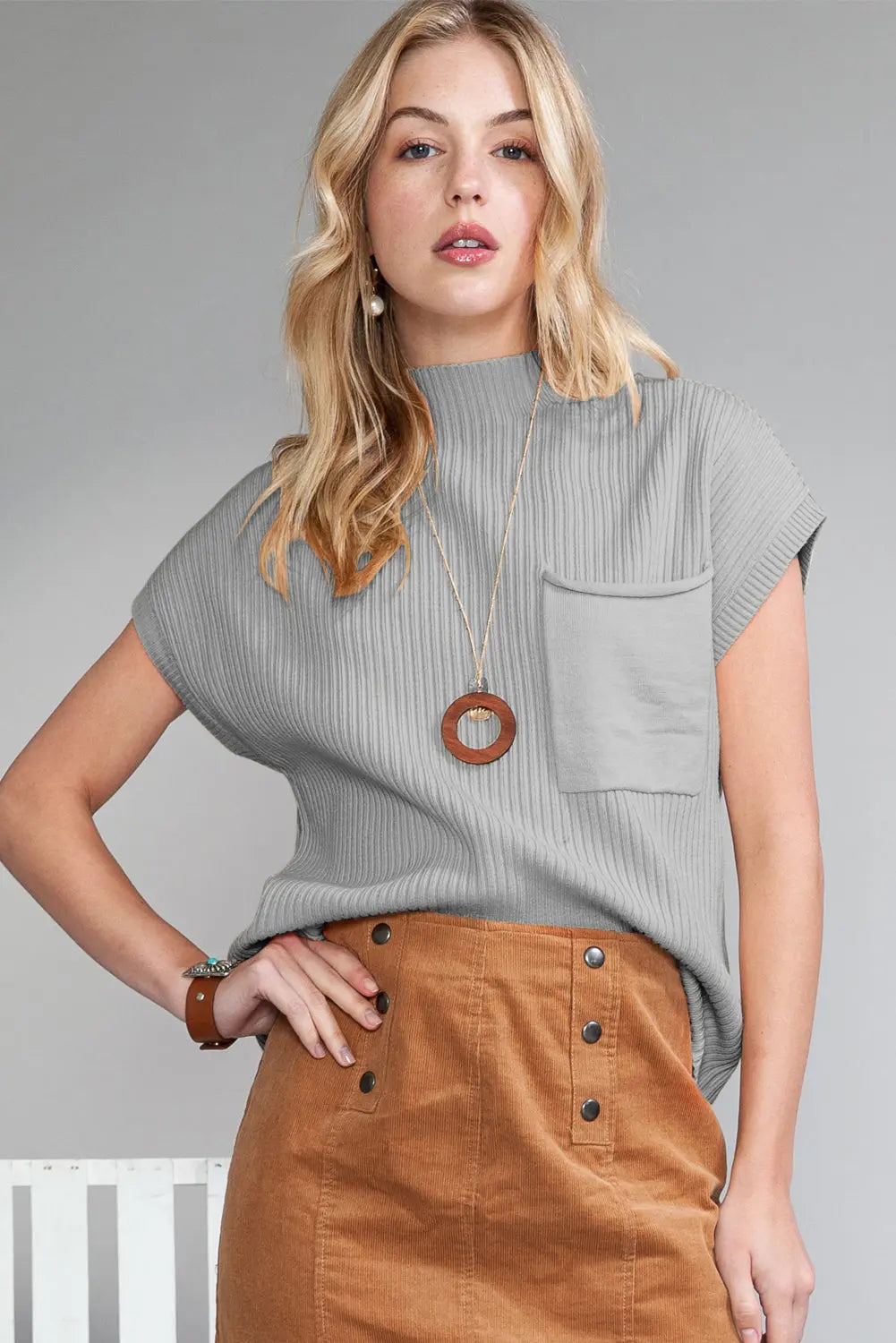 Gold Flame Patch Pocket Ribbed Knit Short Sleeve Sweater Shewin