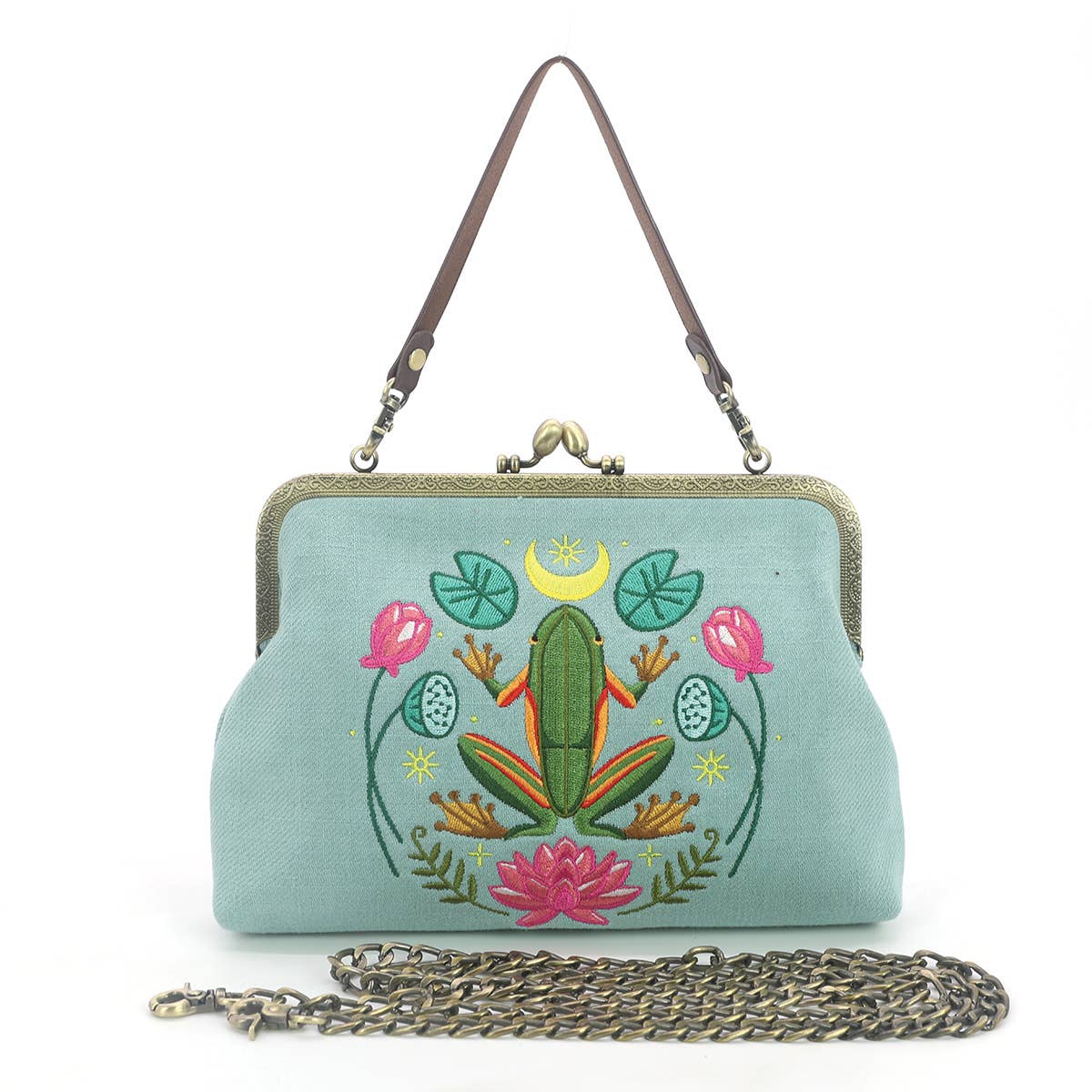 Frog in the Lily Pond Kiss Lock Bag in Linen Cotton Blend Ma Quirks!