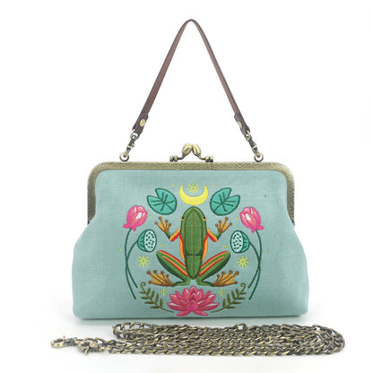 Frog in the Lily Pond Kiss Lock Bag in Linen Cotton Blend Ma Quirks!