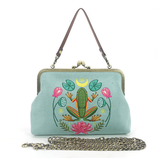 Frog in the Lily Pond Kiss Lock Bag in Linen Cotton Blend Ma Quirks!