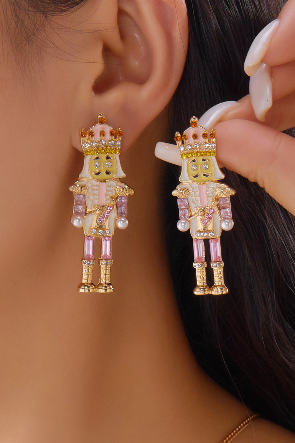 Pink Rhinestone Nutcracker Christmas Earrings