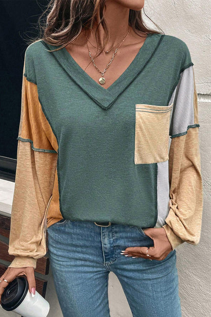 Jungle Green Exposed Stitching Colorblock V Neck Long Sleeve Top