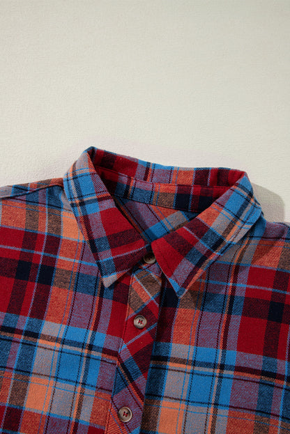 Red Plaid Print Drop Sleeve Loose Shirt Shewin
