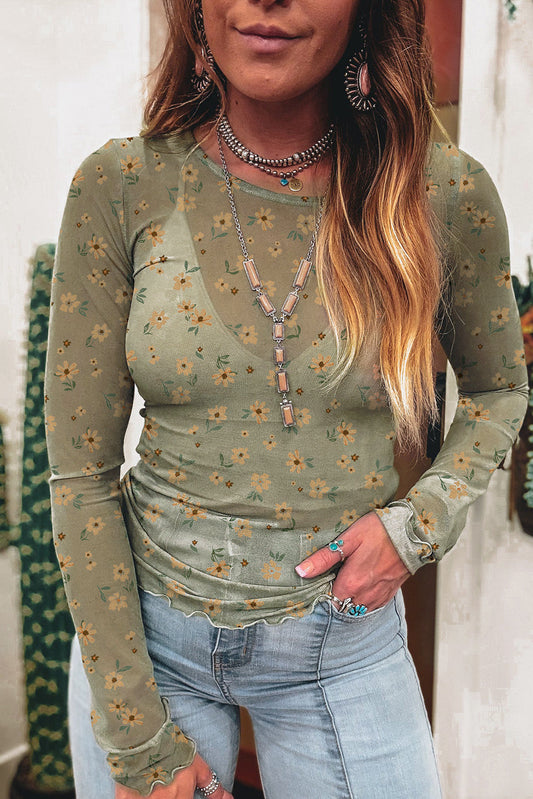 Laurel Green Vintage Floral Print Mesh Slim Fit Long Sleeve Top Shewin