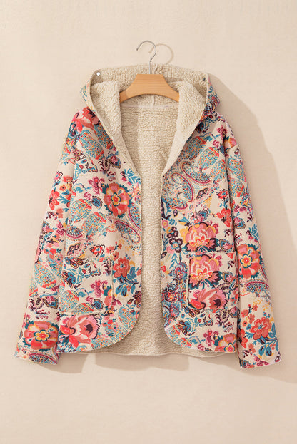 Beige Vintage Paisley Floral Printed Sherpa Lined Hooded Jacket Shewin