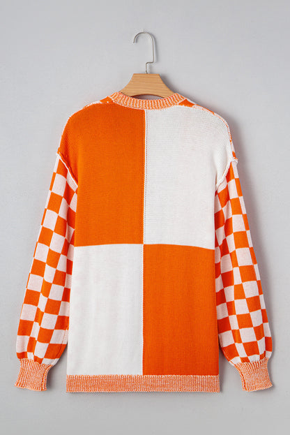Orange Checkered Open Front Drop Shoulder Cardigan Shewin