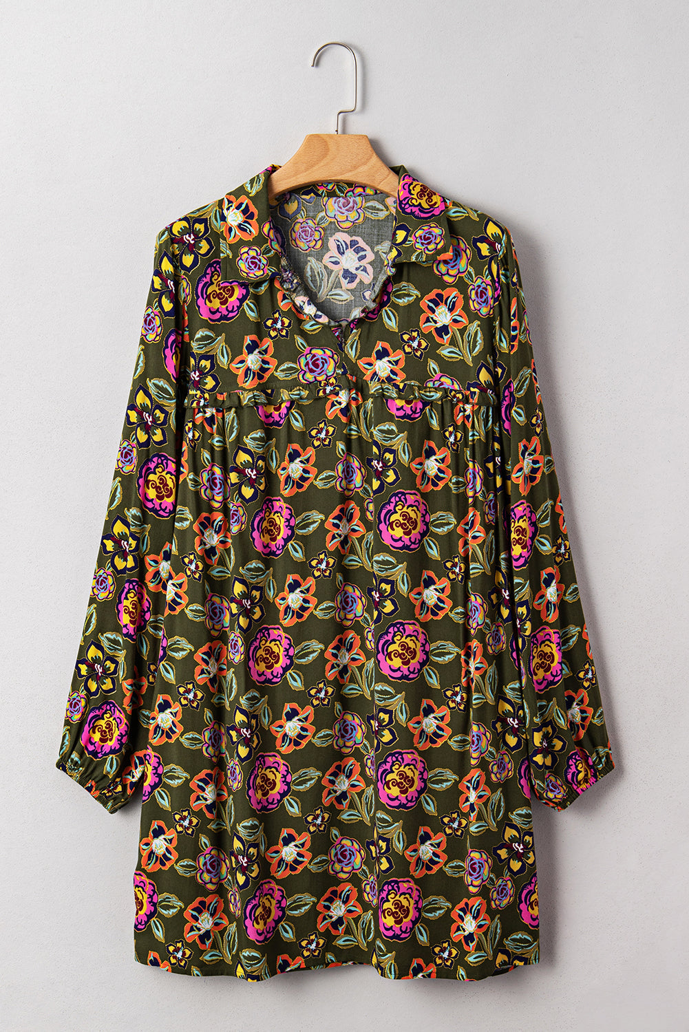 Green Floral Print Split Neck Bubble Sleeve Mini Dress Shewin