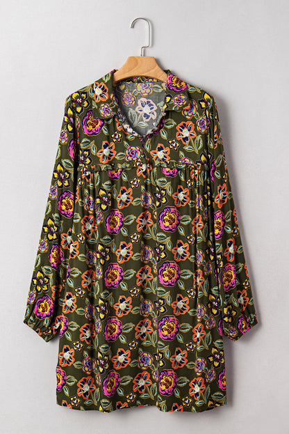 Green Floral Print Split Neck Bubble Sleeve Mini Dress Shewin