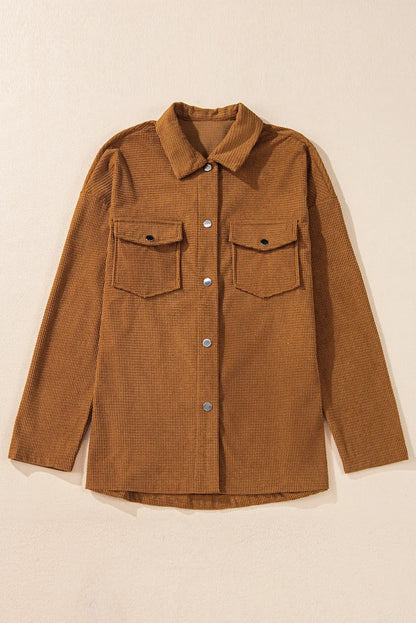 Brown Textured Flap Pocket Drop Shoulder Shacket Shewin