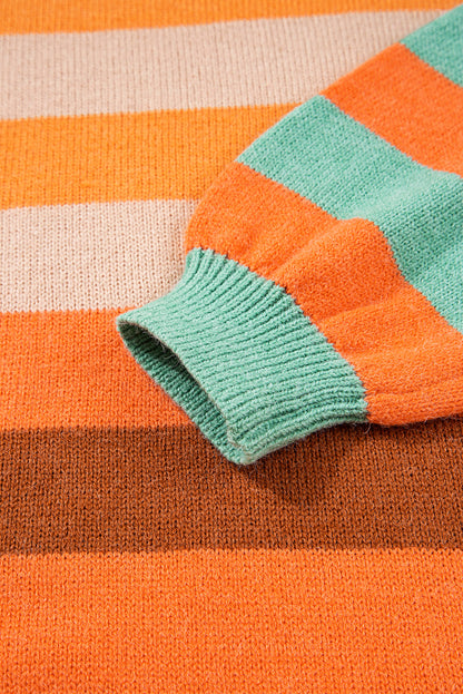 Orange Striped Colorblock High Neck Drop Shoulder Cozy Sweater Shewin