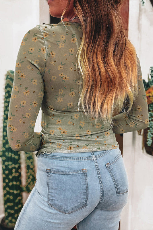 Laurel Green Vintage Floral Print Mesh Slim Fit Long Sleeve Top Shewin