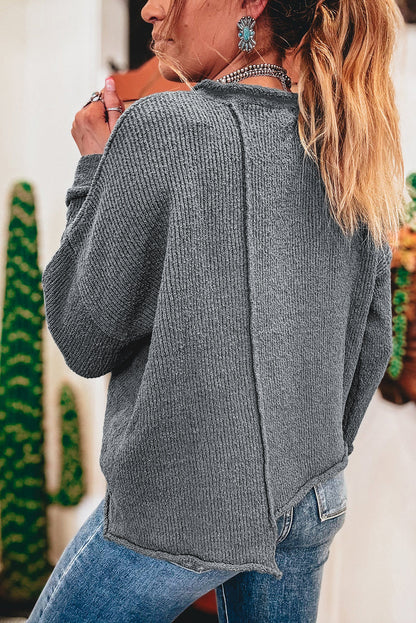 Medium Grey Raw Edge Uneven Hem Patchwork Drop Shoulder Sweater Shewin