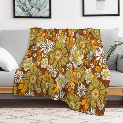 70s Retro Vintage Flower Power Pattern Boho, Orange, Brown, Throw Blanket